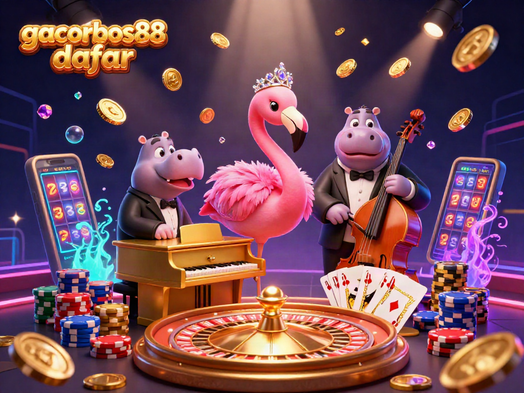 Experience winning excitement at gacorbos88 daftar with a vibrant casino illustration showcasing lavish gaming elements.