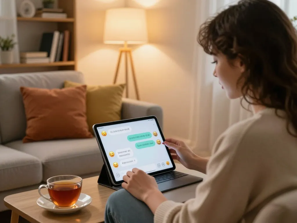 Enjoying an interactive ai sex chat experience on a tablet in a cozy room.