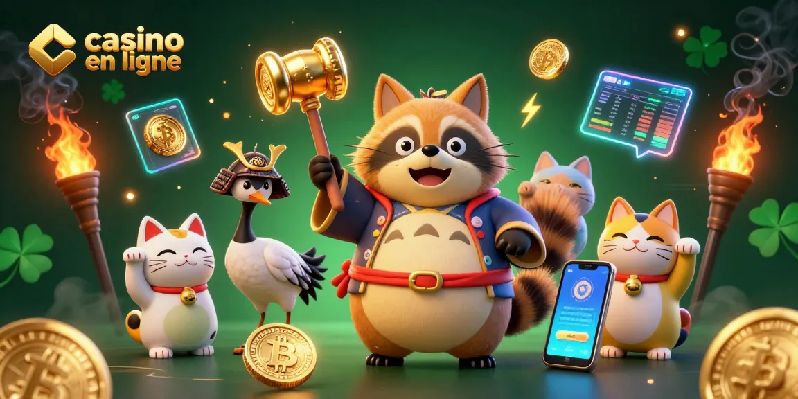 Jouez avec le casino en ligne où un tanuki porte un maillet porte-bonheur, entouré de pièces crypto.
