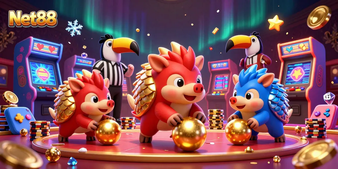 Engage with Net88 in a vibrant 3D casino scene featuring animated pangolins and arcade elements.