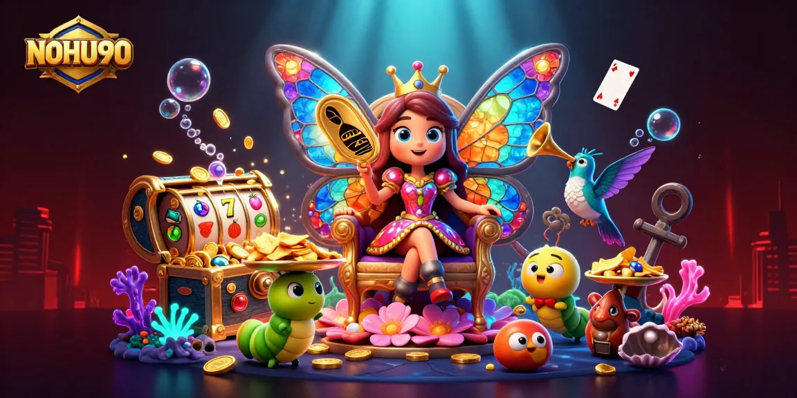 Experience thrilling gameplay with NOHU90 as vibrant characters celebrate casino wins amidst undersea treasures.