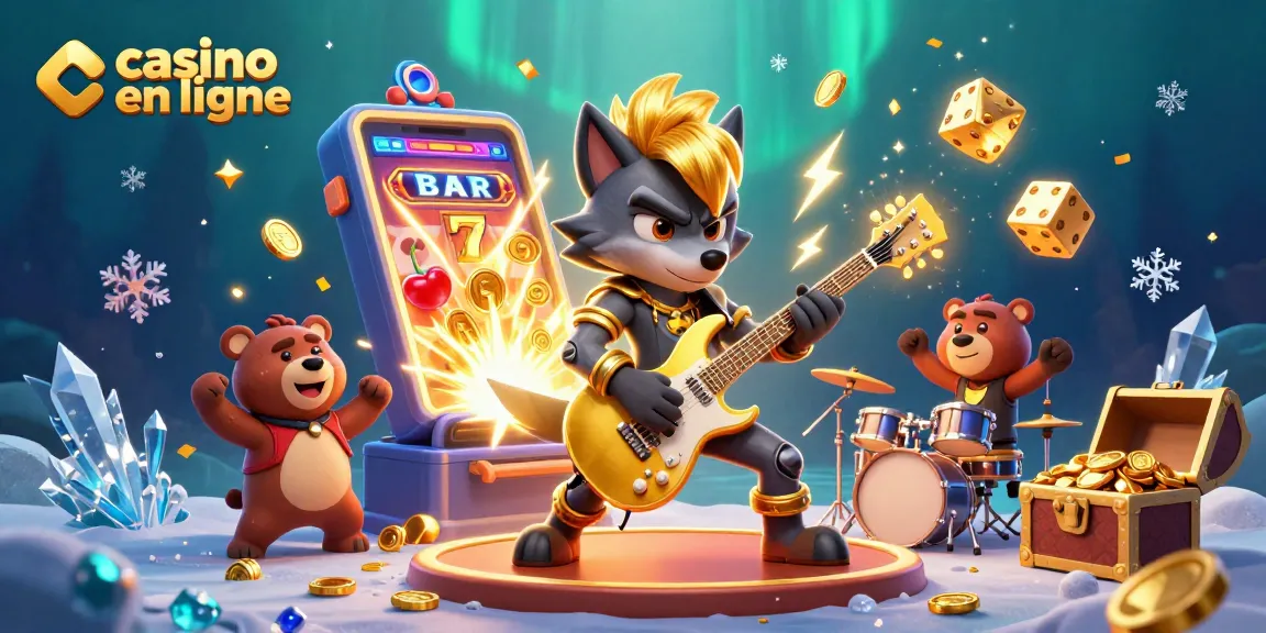 Illustration dynamique de casino en ligne avec un loup rock star jouant de la guitare aux côtés d'un ours batteur et des machines à sous éclatantes.