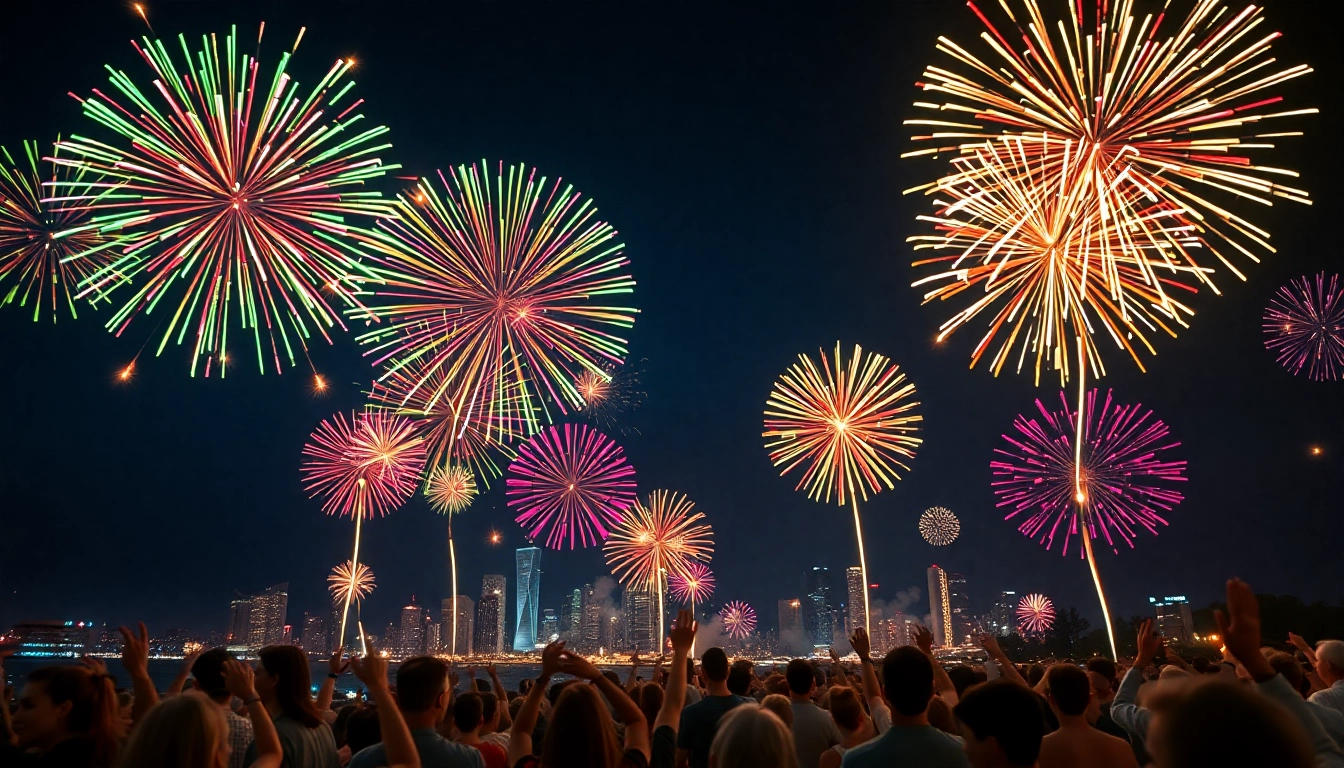 Spectators enjoying a dynamic fireworks for sale display lighting up the night sky.