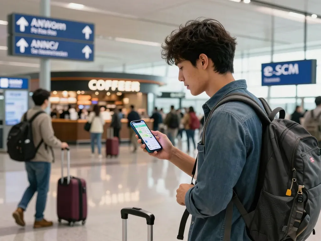 Esim לחול - מטייל מחובר בטלפון עם eSIM בשדה תעופה בינלאומי