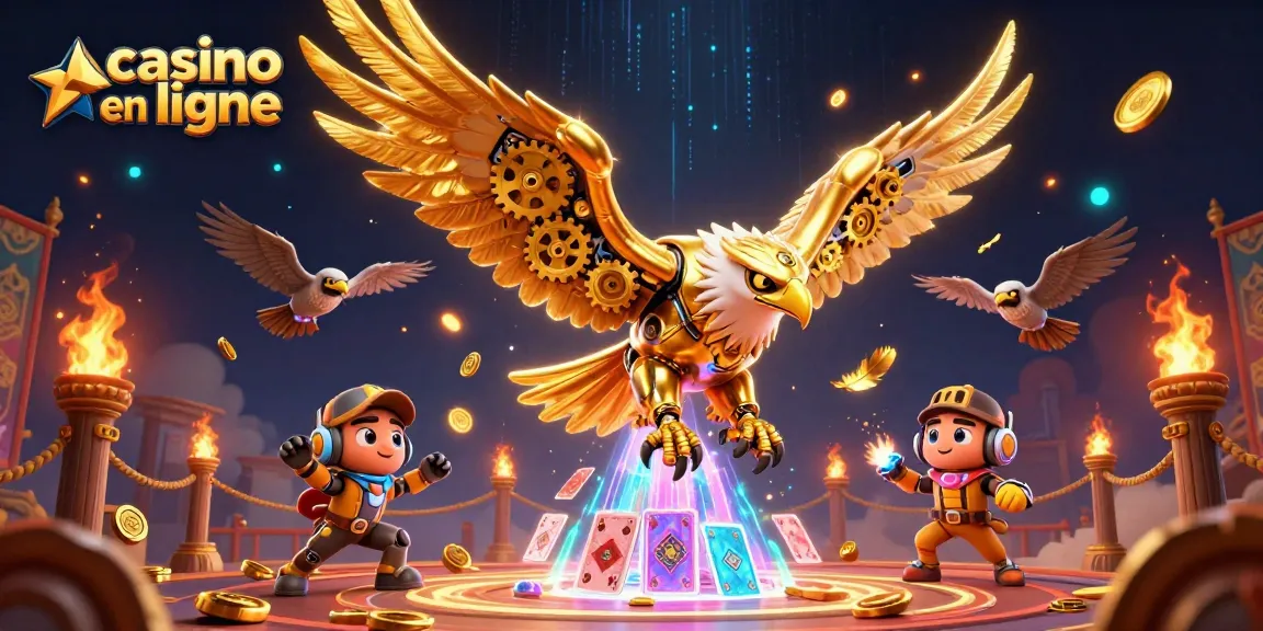 Plongez dans l'univers des jeux de casino en ligne avec cet aigle doré cybernétique et ses éléments fascinants.