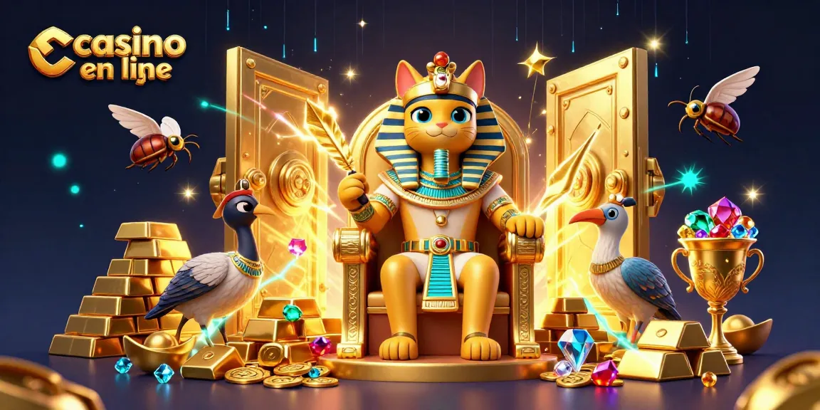 Plongez dans l'univers captivant d'un casino en ligne avec un pharaon égyptien et des trésors scintillants.