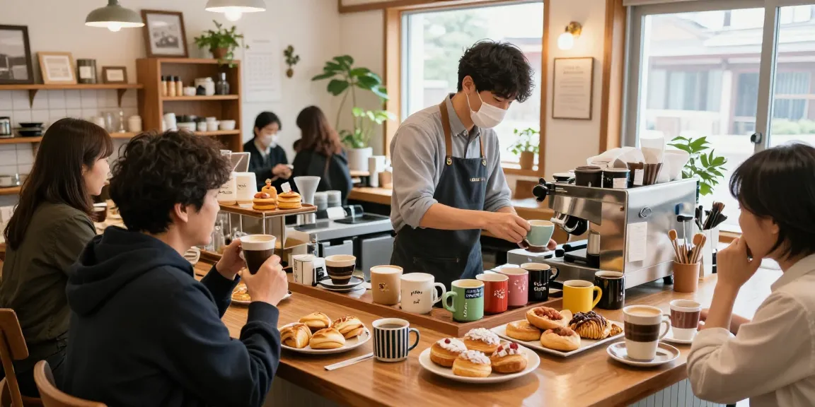 Patrons enjoying coffee and pastries at 상봉동 한국관, showcasing a warm and inviting café atmosphere.