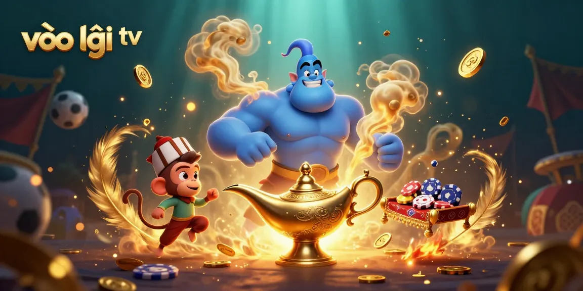 Bet on sports with vào lưới tv featuring a dynamic scene of genie, monkey, and magic carpet.