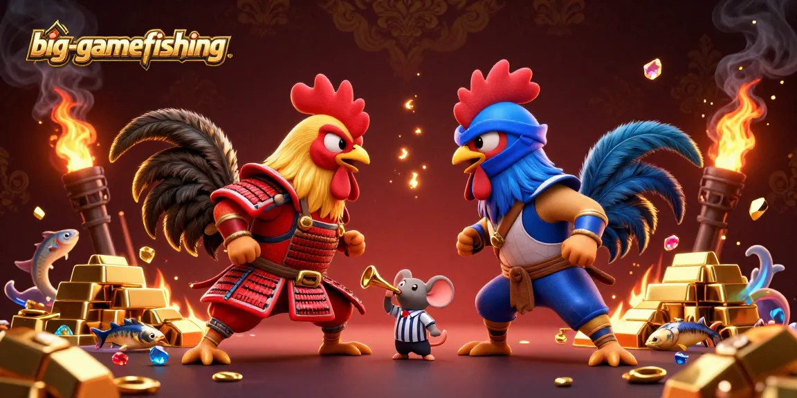 Exciting showdown in big-gamefishing featuring dynamic fighting roosters amid gold and jewels.