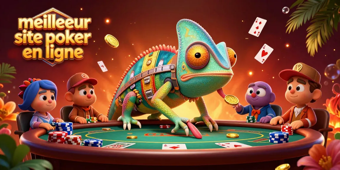 Plongez dans l'univers du meilleur site de poker en ligne avec une illustration colorée du caméléon propriétaire, entouré de cartes et de jetons.