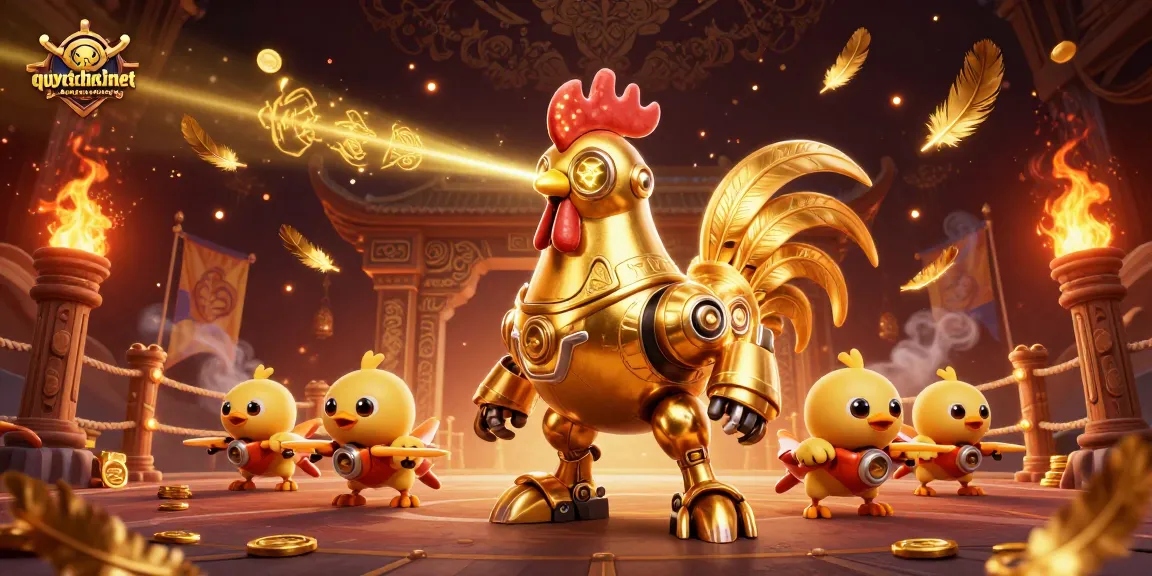 Engage in the action of quyetchientienthuong with a vibrant scene featuring a golden rooster robot and chick drones.