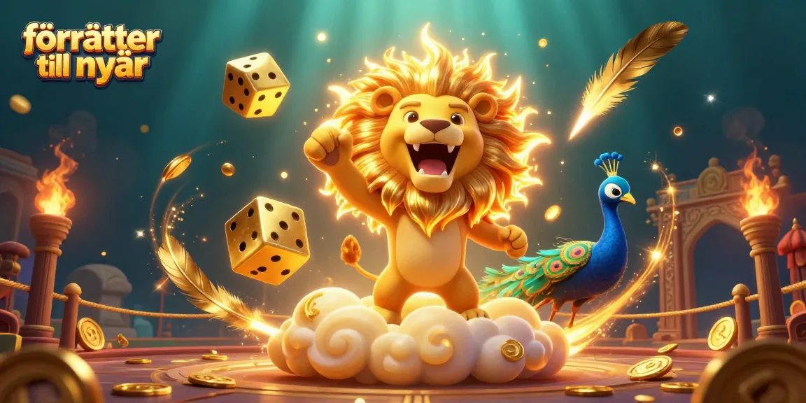 Visualize festive förrätter till nyår with a vibrant casino theme featuring animated characters, dice, and gold.