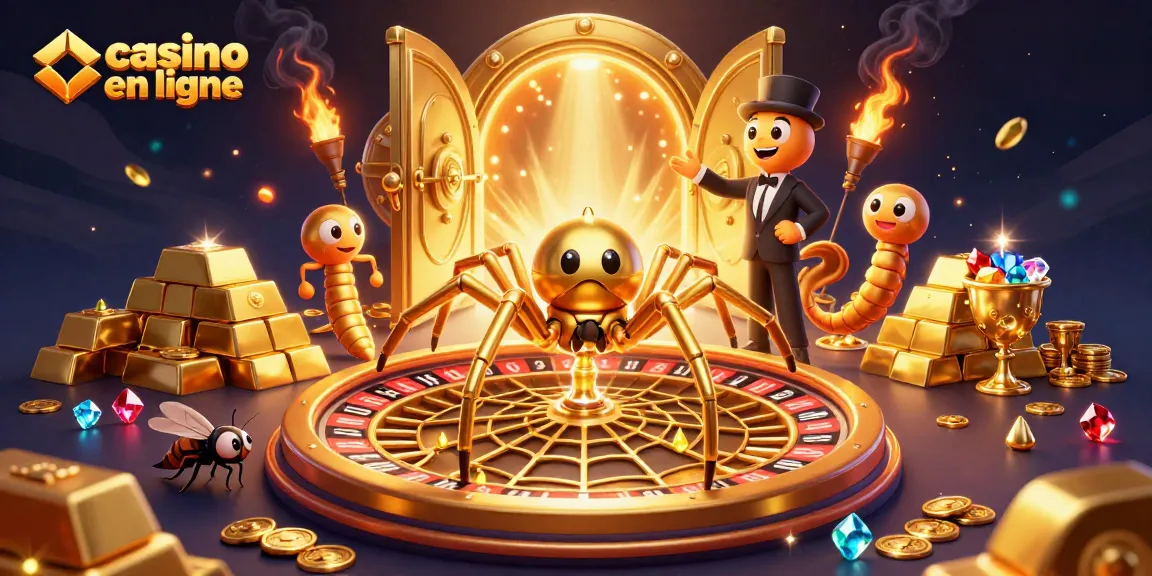 Découvrez notre casino en ligne avec une araignée dorée et un croupier mille-pattes, entouré de trésors.