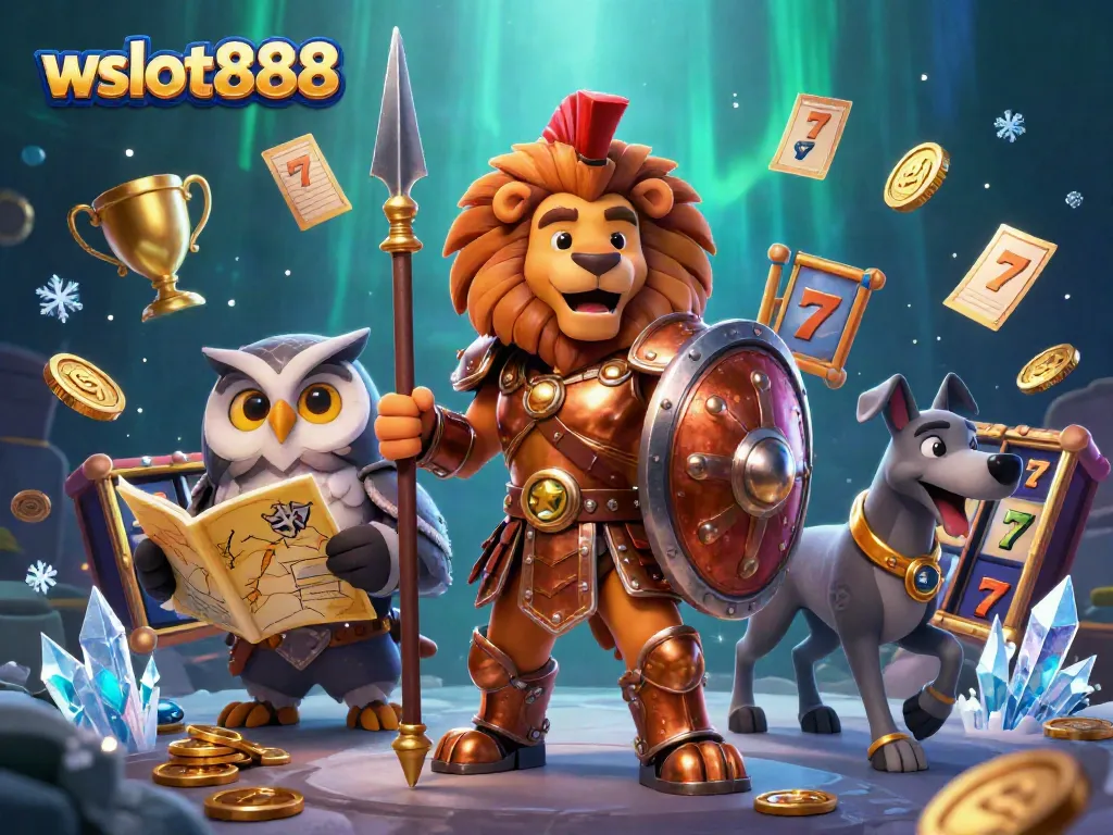 Gambarlah wslot888 dengan singa Spartan berarmor, burung hantu penentu, dan anjing greyhound, dikelilingi elemen perjudian.