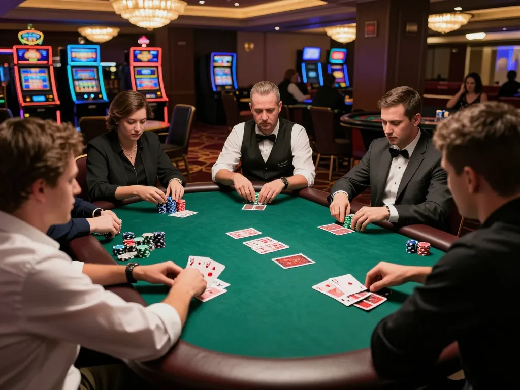 Intense players at a poker table in NYC, showcasing a New York City Personal Injury Lawyer amidst a competitive atmosphere
