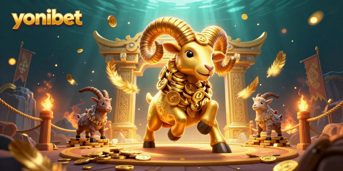Experience the thrill of yonibet with a vibrant 3D illustration featuring a golden ram charging through a bustling casino atmosphere.