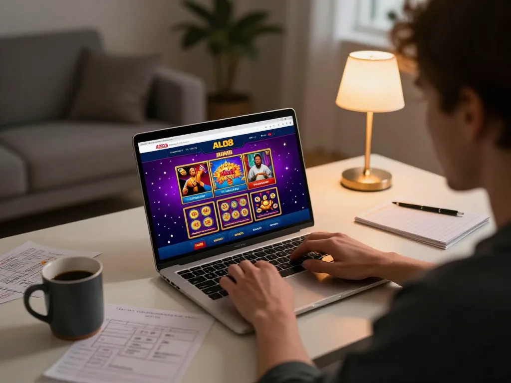 Player engaging with ALO8 online casino interface while enjoying a cozy gaming setup