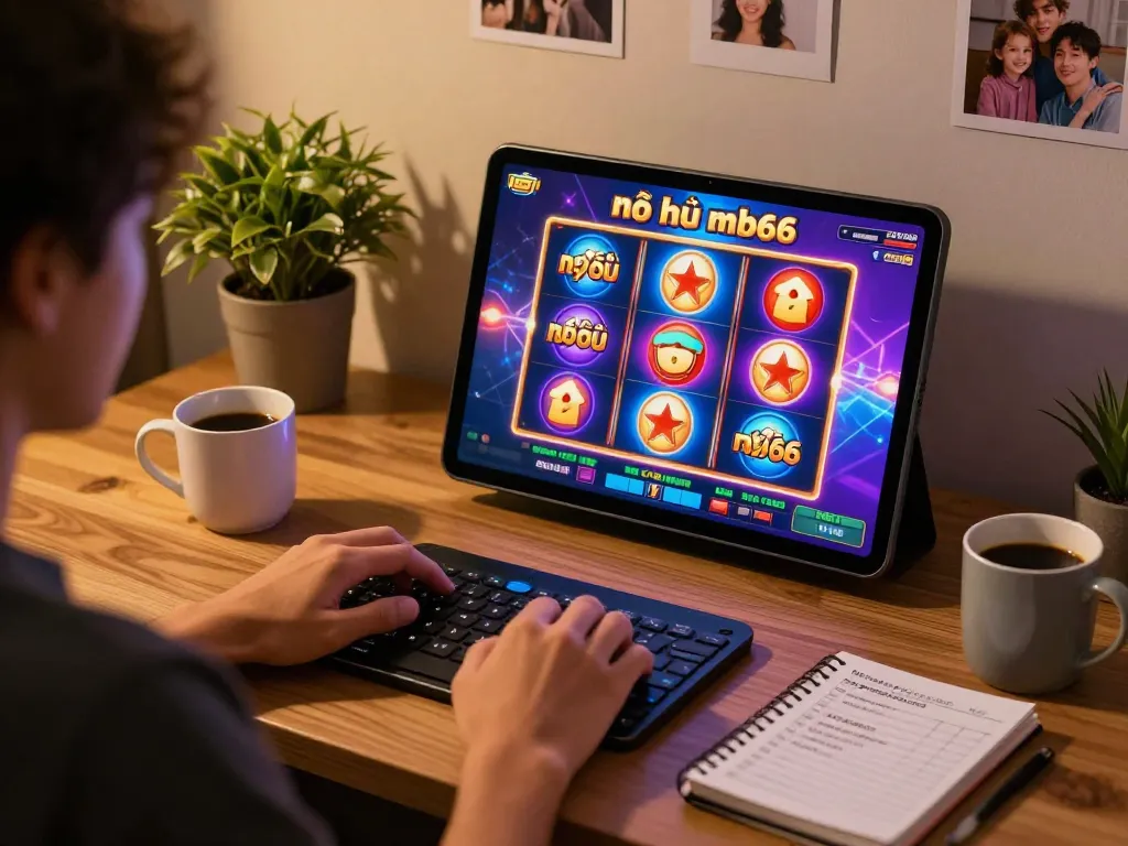 Engaging in nổ hũ mb66 gameplay on tablet in a cozy home setting, showcasing personal gaming strategies.
