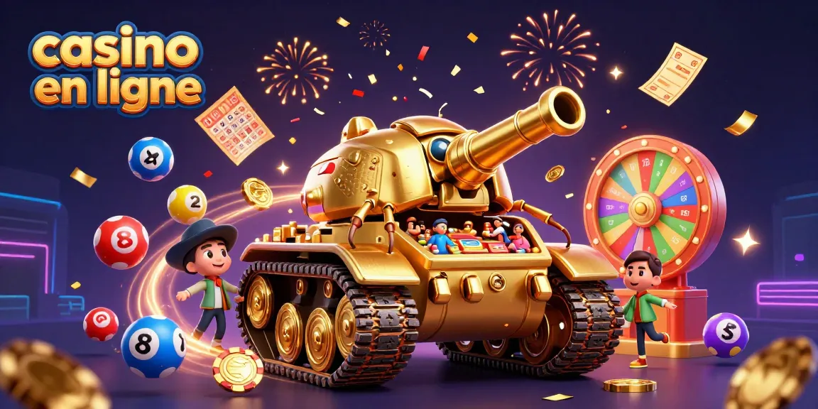 Jouez au casino en ligne avec une scène festive illustrant un tank doré et des éléments de loterie.
