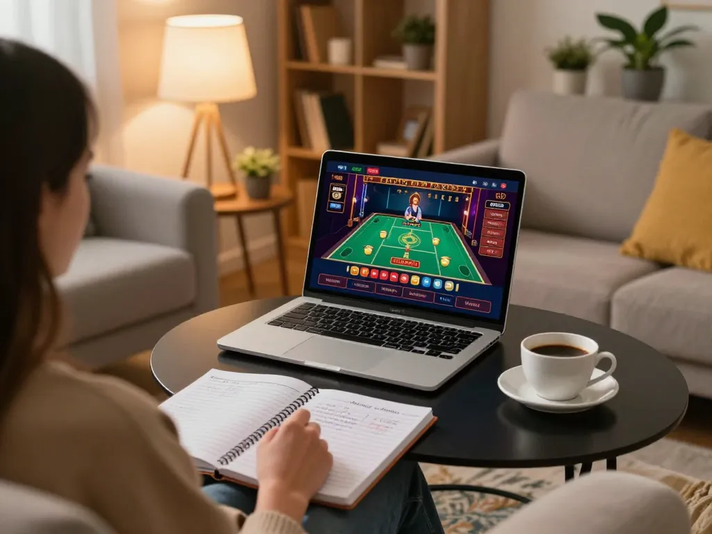 Playing an online casino game at home on alo8 with strategic notes and coffee.