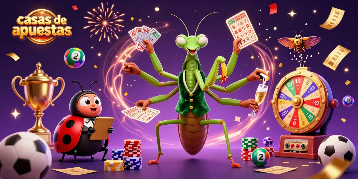 Ilustración que representa casas de apuestas con un camaleón y una mariquita en un ambiente festivo.