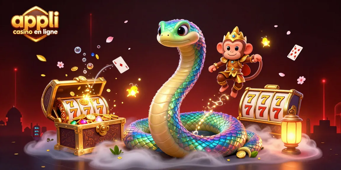 Lancez des jackpots avec l'appli casino en ligne, illustrant un serpent arc-en-ciel et des éléments magiques.