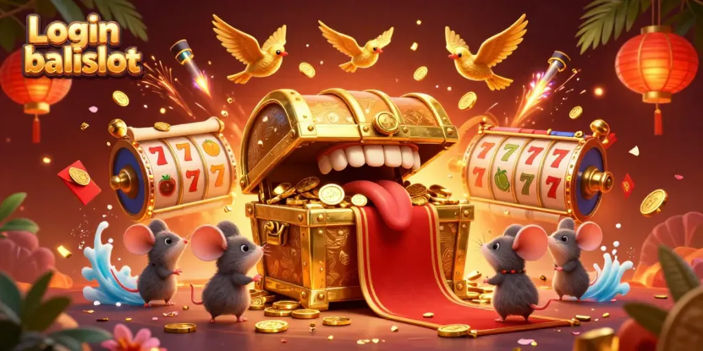 Engage in exciting gaming with Login balislot featuring a treasure chest and vibrant slot elements.