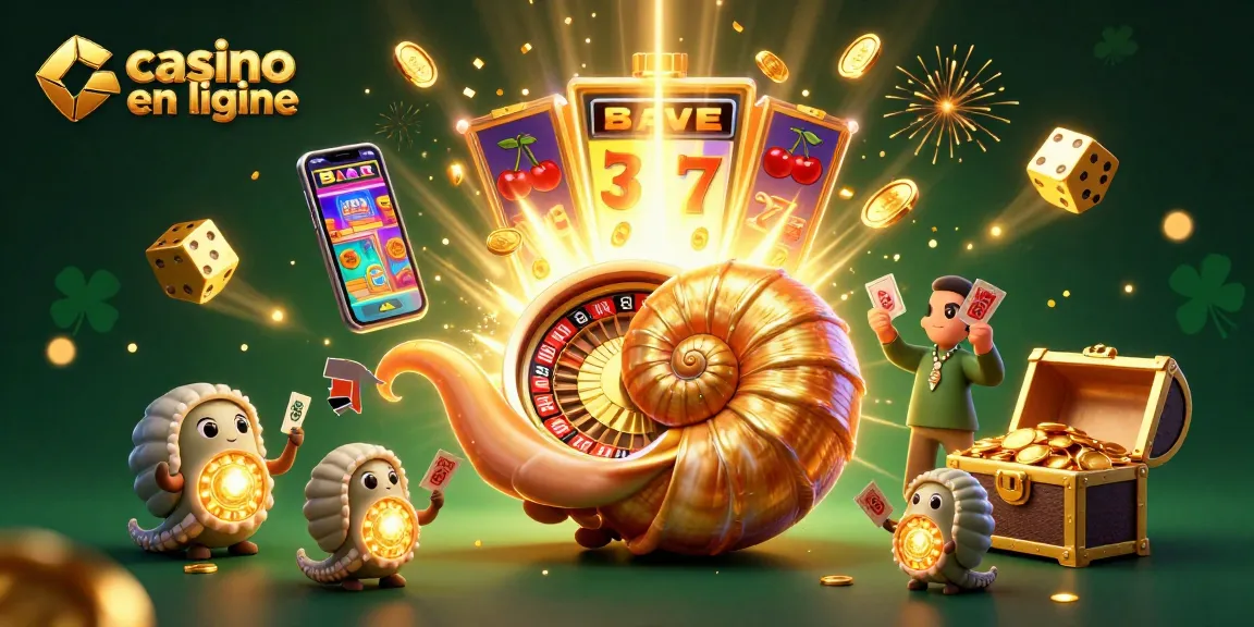 Illustration d'un casino en ligne avec un nautilus géant et une machine à sous pleine de gains
