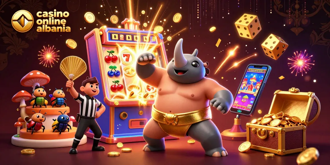 Enjoy exciting gameplay at casino online albania, featuring a sumo beetle champion amidst festive slot machine action.