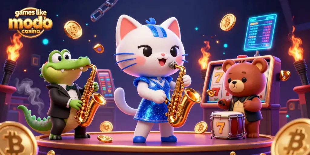 Play exciting games like modo casino with vibrant 3D characters and casino elements in this engaging illustration.