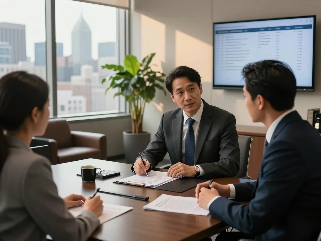 New York City Personal Injury Lawyer discussing case details with a client in a modern law office, highlighting accessibility and professionalism.