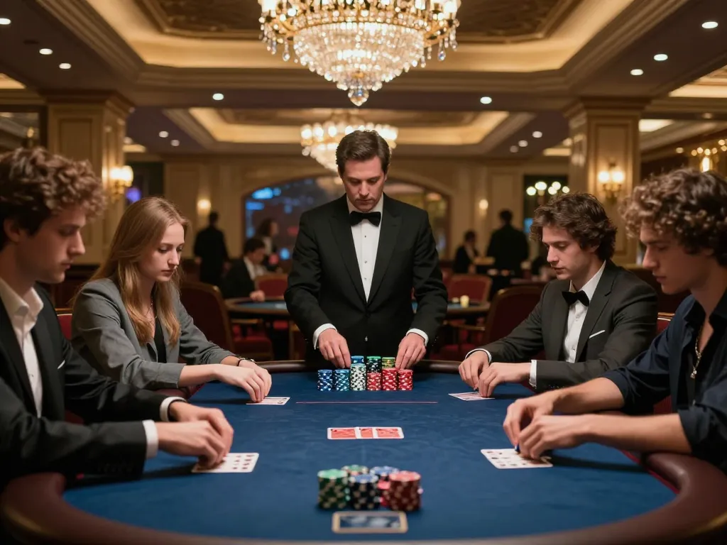 five88 poker game in an upscale casino setting with players and chips visible, showcasing strategic gameplay.