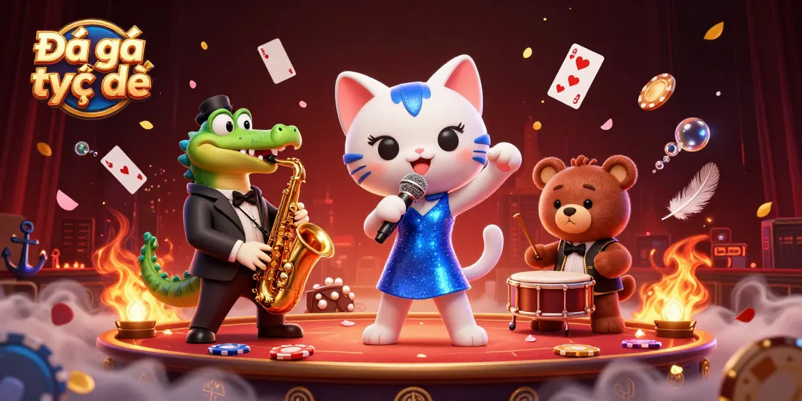 Experience thrilling Đá gà trực tiếp fights with vibrant characters in a dynamic gambling stage setting.