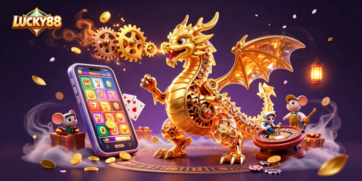 Experience the excitement of LUCKY88 with a dynamic illustration of a golden dragon and casino elements.