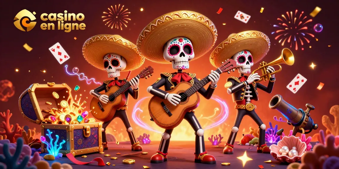 Illustration festive de mariachi à thème casino en ligne remplie de trésors sous-marins et de cartes flottantes.
