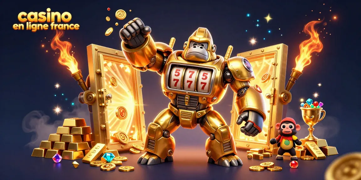 Jouez au casino en ligne France avec une illustration dynamique de machines à sous et de trésors.