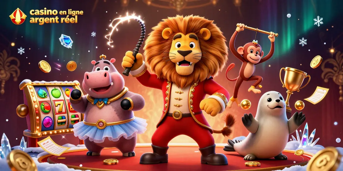 Découvrez un univers de casino en ligne argent réel avec un lion maître de cérémonie et ses amis sous les lumières étincelantes.