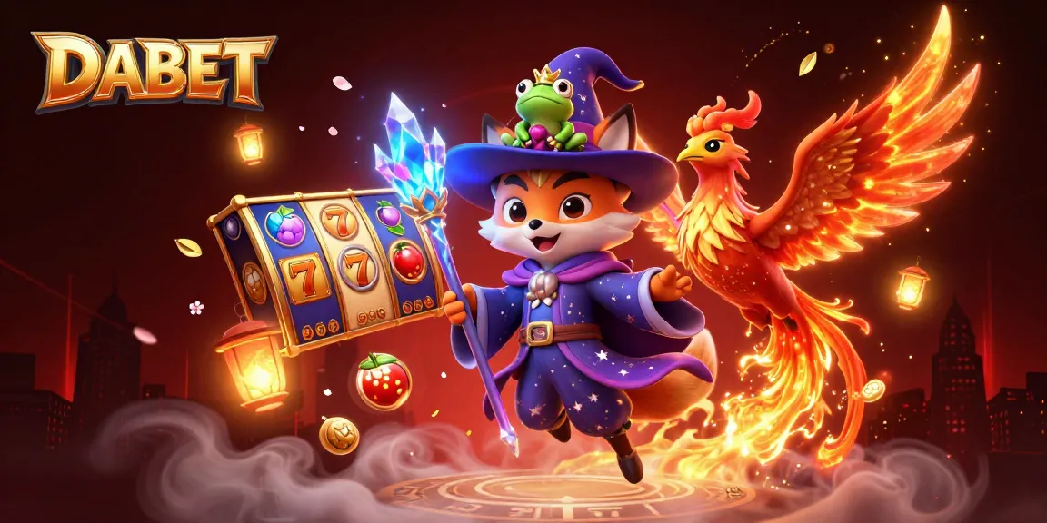 DABET captivates players with its vibrant casino illustration, featuring a wizard fox and phoenix amidst animated slot symbols.