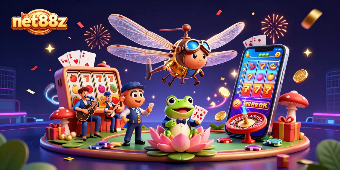 Engage with thrilling gaming at net88z with a dragonfly pilot and frog croupier in a lively casino.