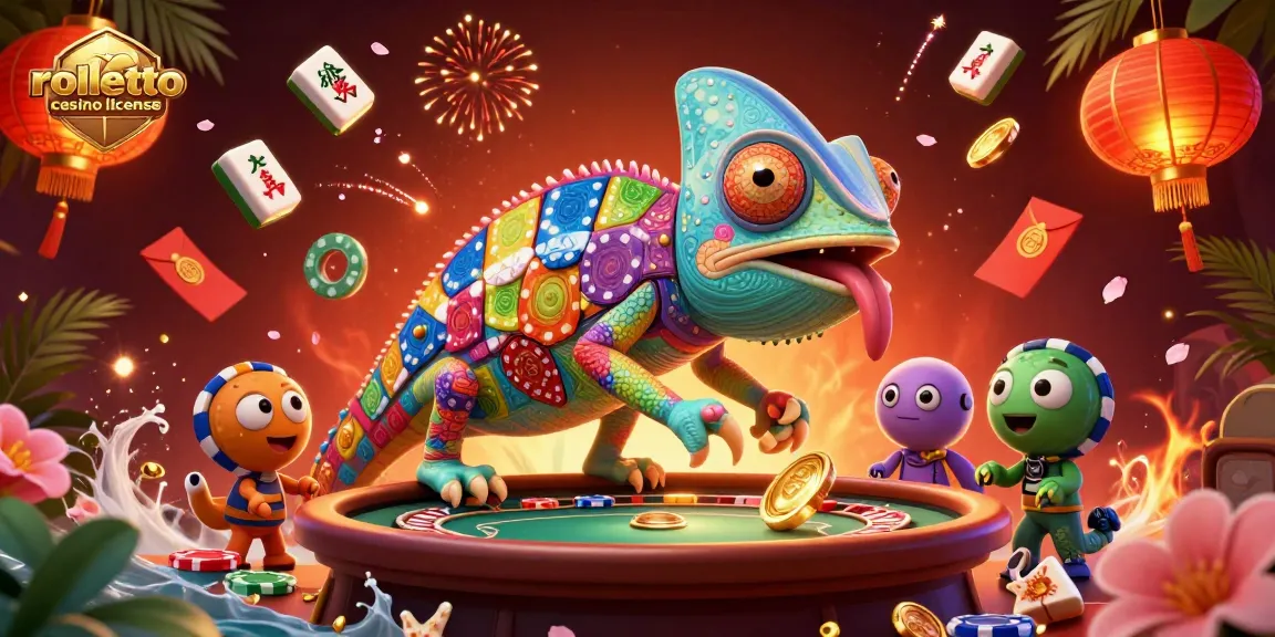 Illustration dynamique de la licence du casino Rolletto illustrant un caméléon propriétaire de casino vibrant et des éléments de jeu