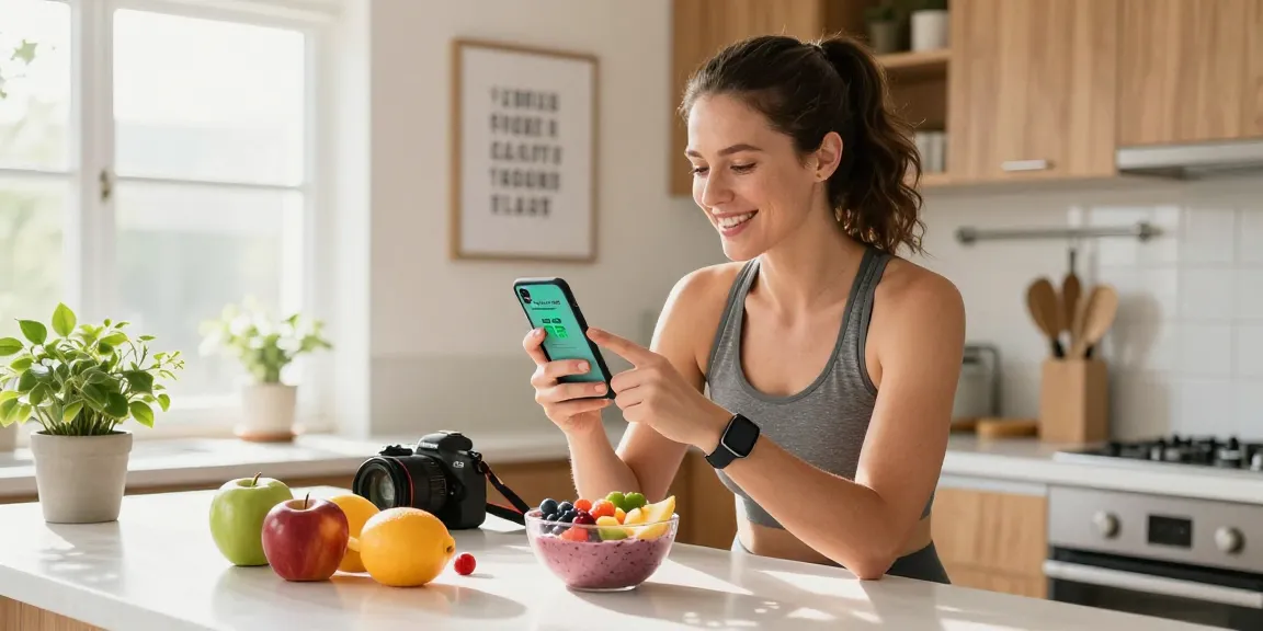 Woman using the best calorie tracker app while preparing a healthy breakfast in a bright kitchen.