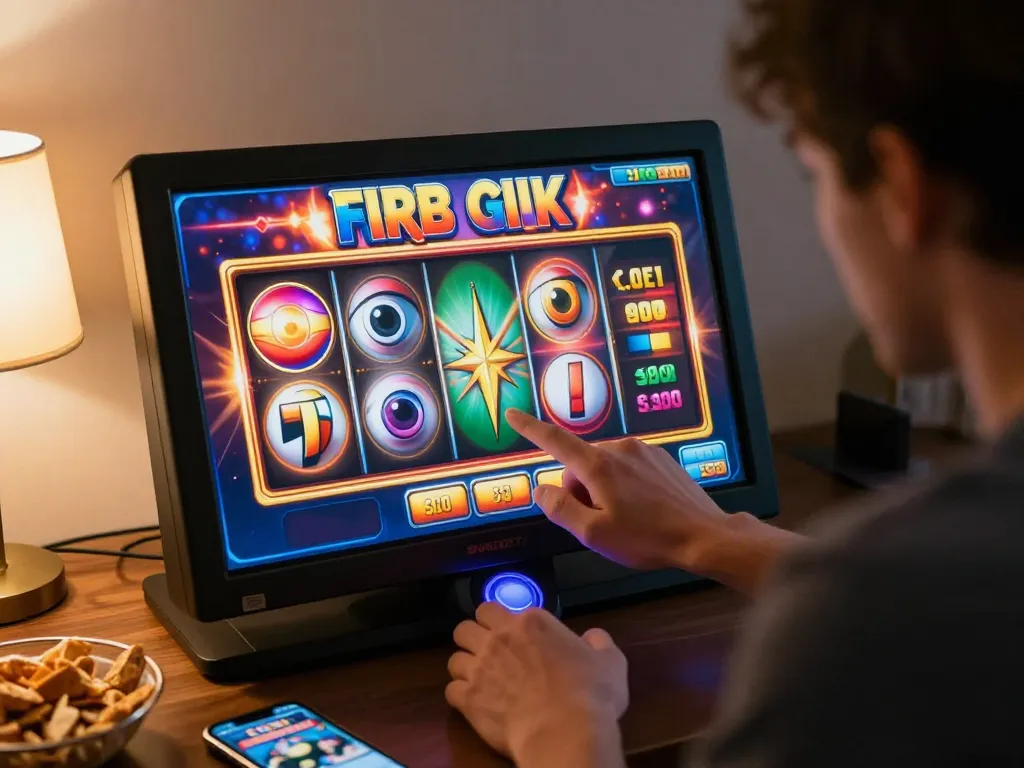 Player engaging with a slot game online, showcasing vibrant reels in action during a cozy home gaming session