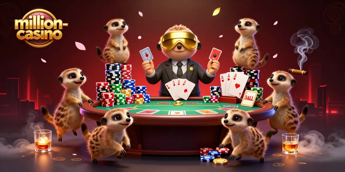 Experience intense gameplay at million-casino with eager meerkat characters managing poker tables and exciting game elements.