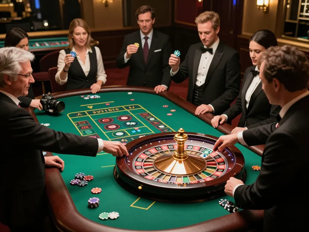 jagoan86 players engaging at an elegant roulette table, showcasing excitement in the casino.