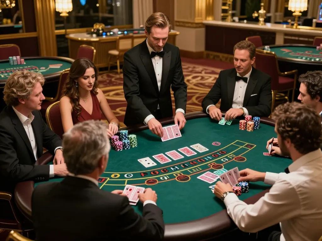 Go88 players engaging in a thrilling baccarat game at a luxury casino table illuminated by warm lighting