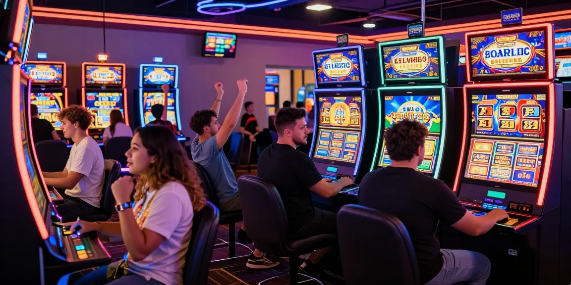 Players enjoying slot machines in a lively online casino setting, capturing the thrill of slot gaming.