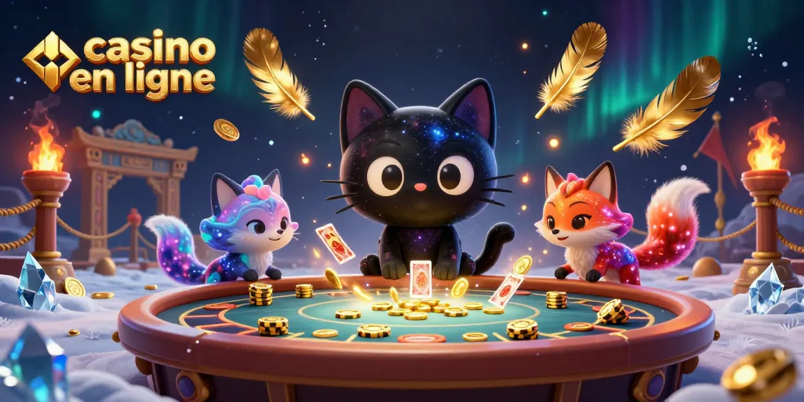 Illustration d'un casino en ligne avec un chat noir trou noir et un renard nébuleux, entourés de jetons d'or.
