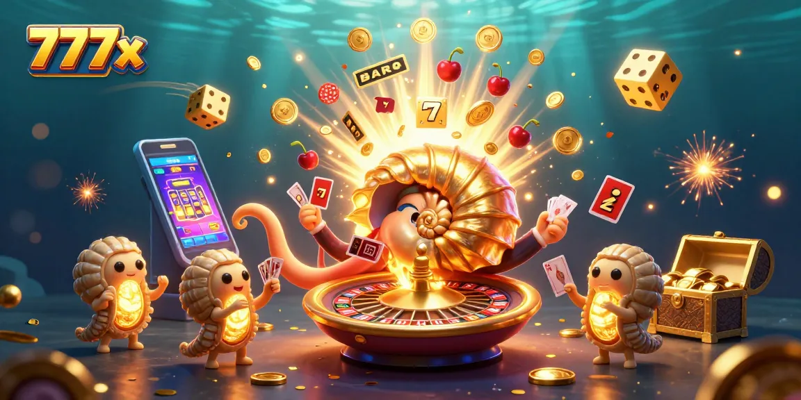 Play exciting games at 777x with a dynamic casino scene featuring rotating slot machines and winning cards.