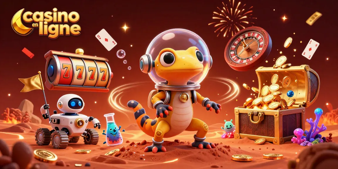 Une scène dynamique de casino en ligne sur Mars avec un gecko extraterrestre et une roulette.