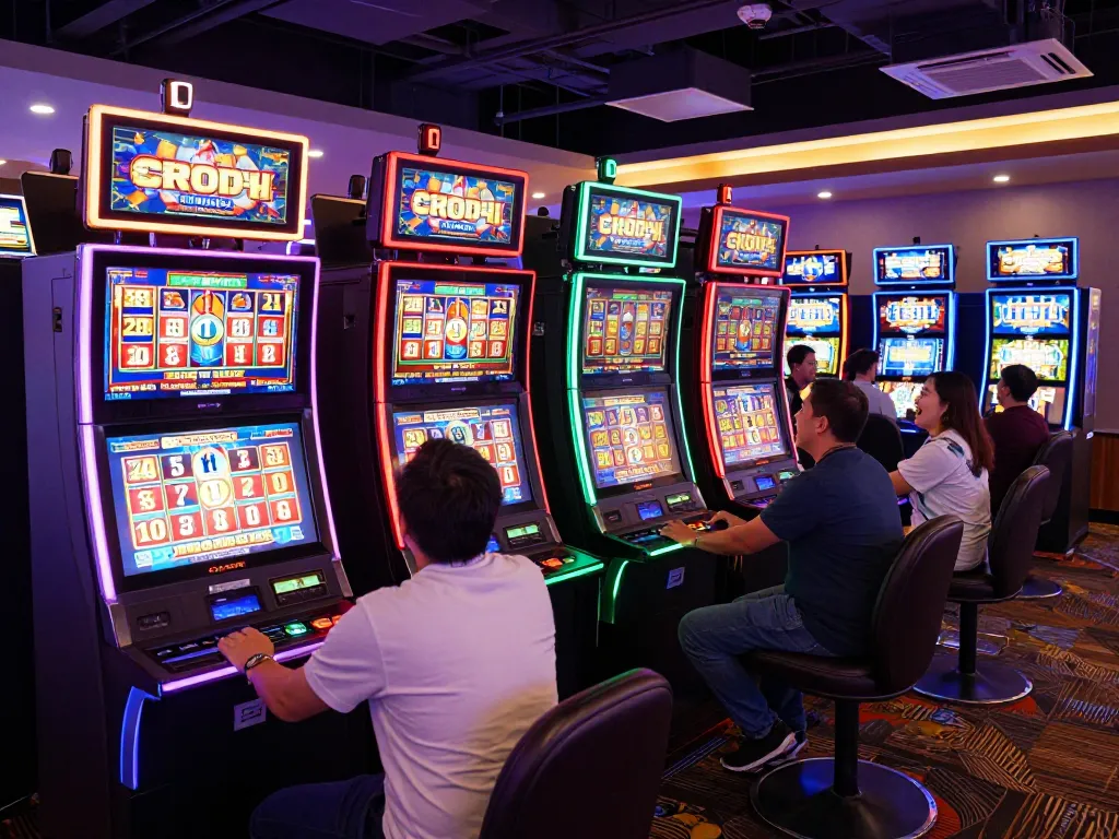 Players engaging with vibrant slot machines at a casino showcasing exciting slot777 games and features.